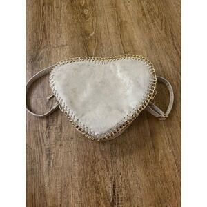 Heart Shaped Metallic Silver Crossbody Bag Gold Chain Trim Whipstitch Detail